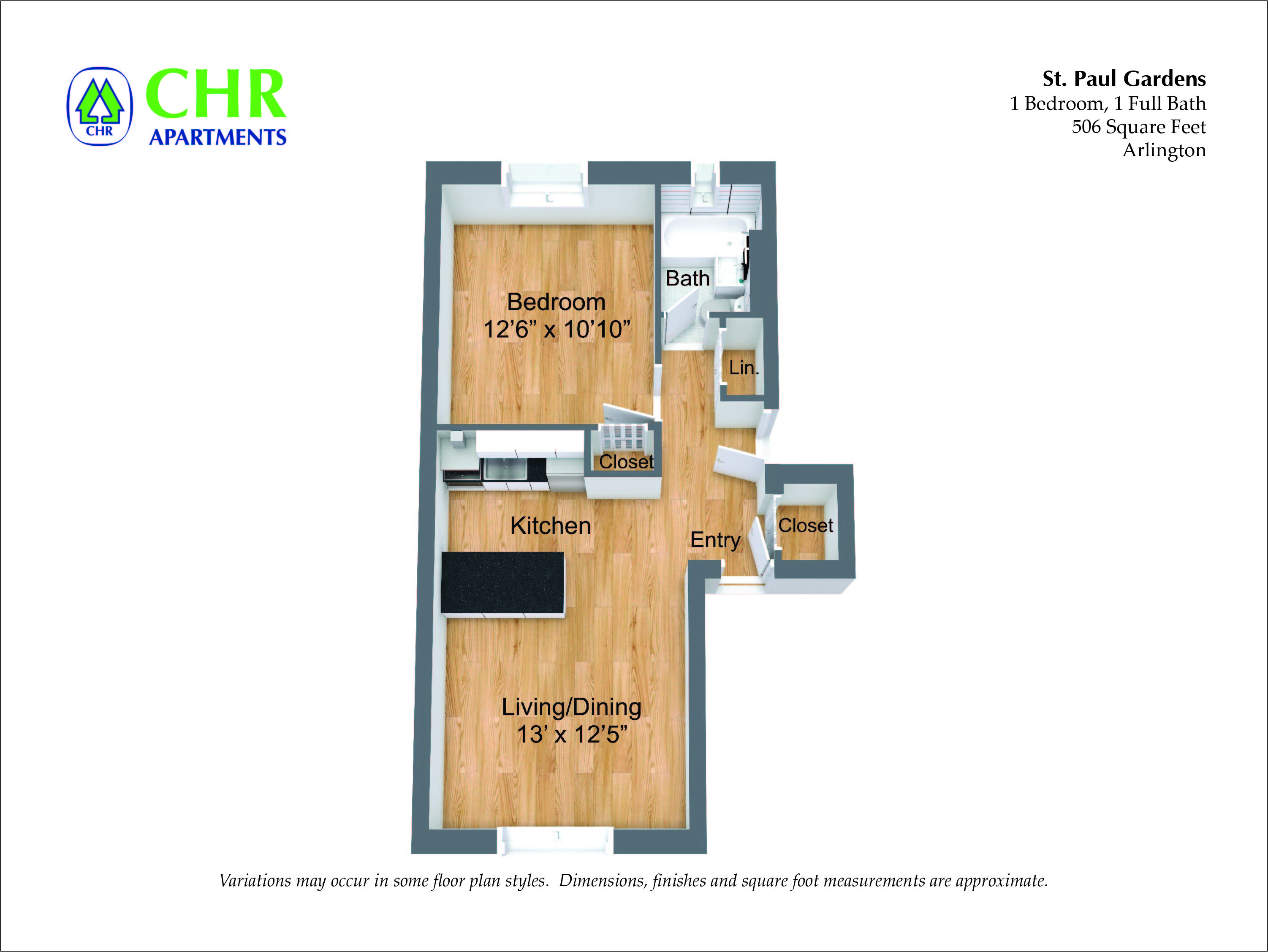Floor plan for 1 bed, 1 bath, 744 sqft
